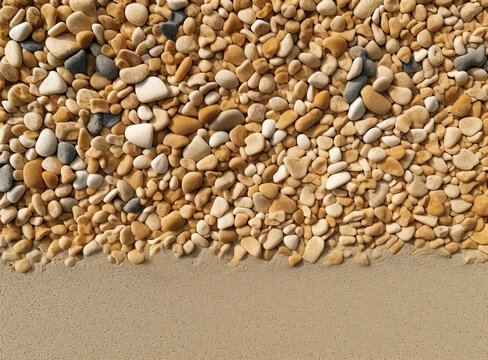 Photo of colorful pebble stones and sand on the beach with copy space.