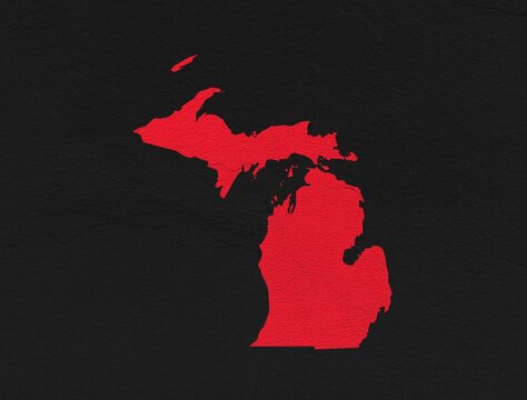Michigan red map on isolated black background. High quality coloured map of USA state of Michigan.