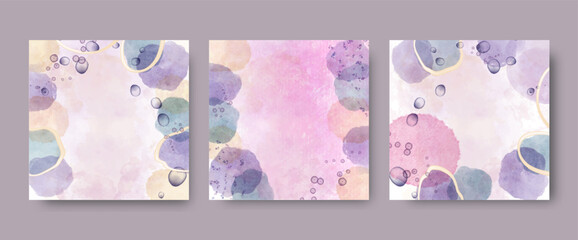 Trendy abstract square art templates with watercolor, gold elements for greeting card, social media cover