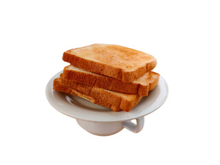 Three slices of brown toast placed on a white plate Below is a coffee mug. for breakfast