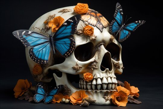 skeleton illustration halloween bone death skull art flower design butterfly. Generative AI.