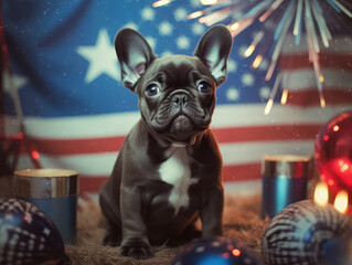 Impossibly cute French bulldog puppy celebrating the 4th of July - obrazy, fototapety, plakaty