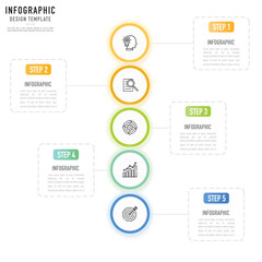 Circular mind map infographic template or element with 5 step, process, option, bullet, colorful 3D circle, rectangular, rectangle, square, icons, label, linear, thin line for sale slide, flowchart