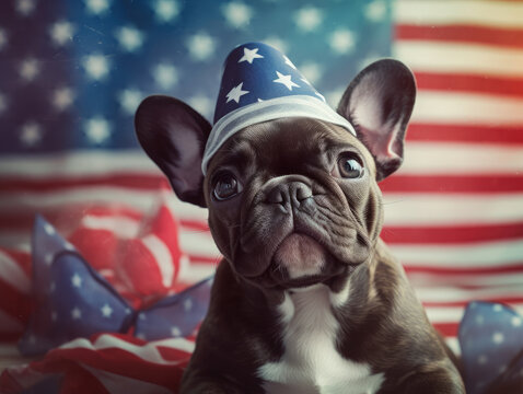 French bulldog puppy wearing hat and celebrating the 4th of July