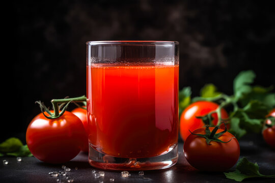 A glass of a fresh tomato juice near fresh ripe tomatoes on a black background. Created with Generative AI.