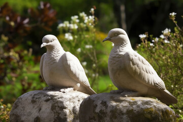 Obraz premium Two statues of pigeons in a garden. Created with Generative AI.