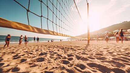 A volleyball court on a sandy beach with people in the background. Generative AI  
