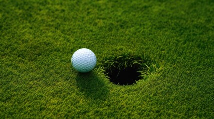 A golf ball on a tee beside a golf hole. Generative AI 