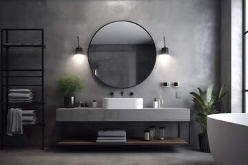 bathroom interior mirror home concrete design room luxury sink gray contemporary. Generative AI.