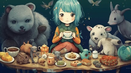 Girl with blue hair having a tea party with different mythical creatures