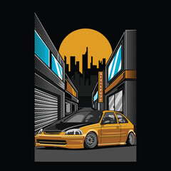 car design illustration, street racing car with urban background. translation: street racer.