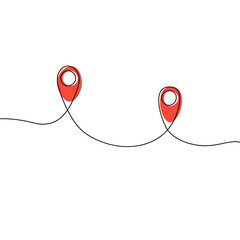 Continuous one line drawing of road map markers. Red pin icon. Vector illustration isolated on white background.