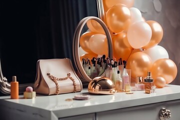 Modern Woman's Dressing Table with Mirror, Balloons, Perfume, Jewelry, Flowers, Cosmetics. Generative AI