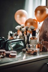 Fototapeta na wymiar Modern Woman's Dressing Table with Mirror, Balloons, Perfume, Jewelry, Flowers, Cosmetics. Generative AI