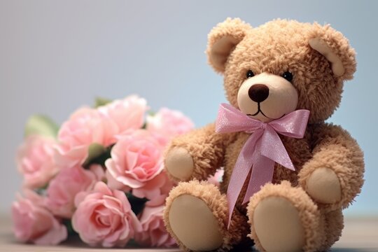 Brown teddy bear with pink flowers