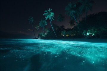 Naklejka na ściany i meble night luminous paradise ocean tree tropical vacation sky blue beach palm. Generative AI.