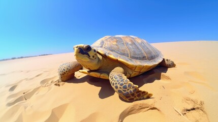 Wild turtle on sandy seashore