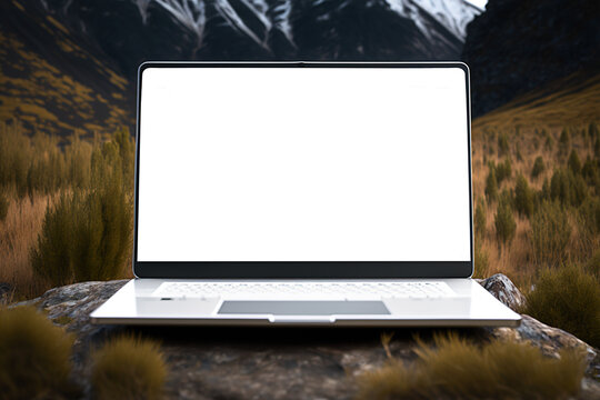 Mountain landscape with blank laptop screen , mockup. Generative AI