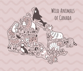 Animals of Canada on map. Doodle style illustration. Outline sketch.