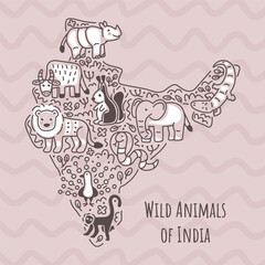 Animals of India on map. Doodle style illustration. Outline sketch.