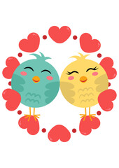 Funny couple birds on round frame with red hearts