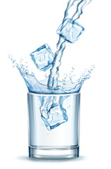 Transparent realistic vector glass of water with ice cubes and water jet stream on light background