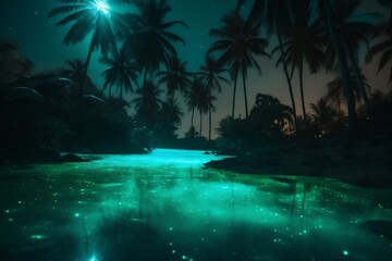 Fototapeta na wymiar tree palm blue paradise night tropical sky ocean vacation luminous beach. Generative AI.