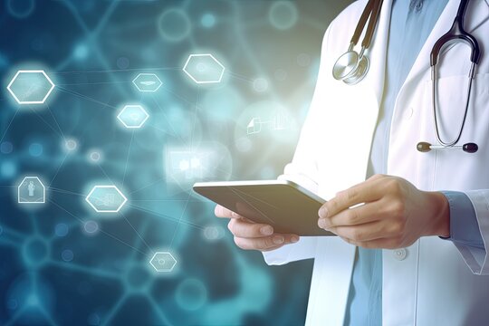 Doctor holding tablet at hospital. Generative AI.