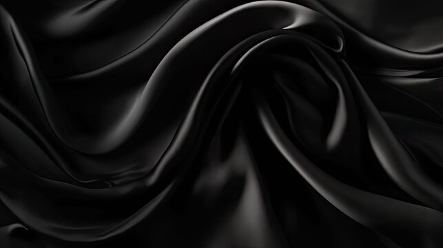 Abstract black background. Black silk satin texture background. Beautiful soft folds on the fabric. Generative AI.