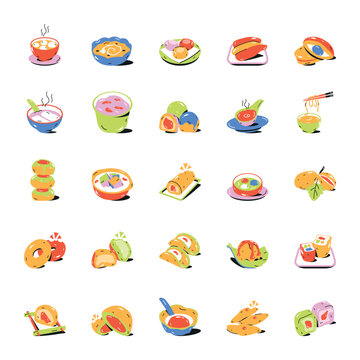 Pack of Chinese and Japanese Dishes Flat Icons 

