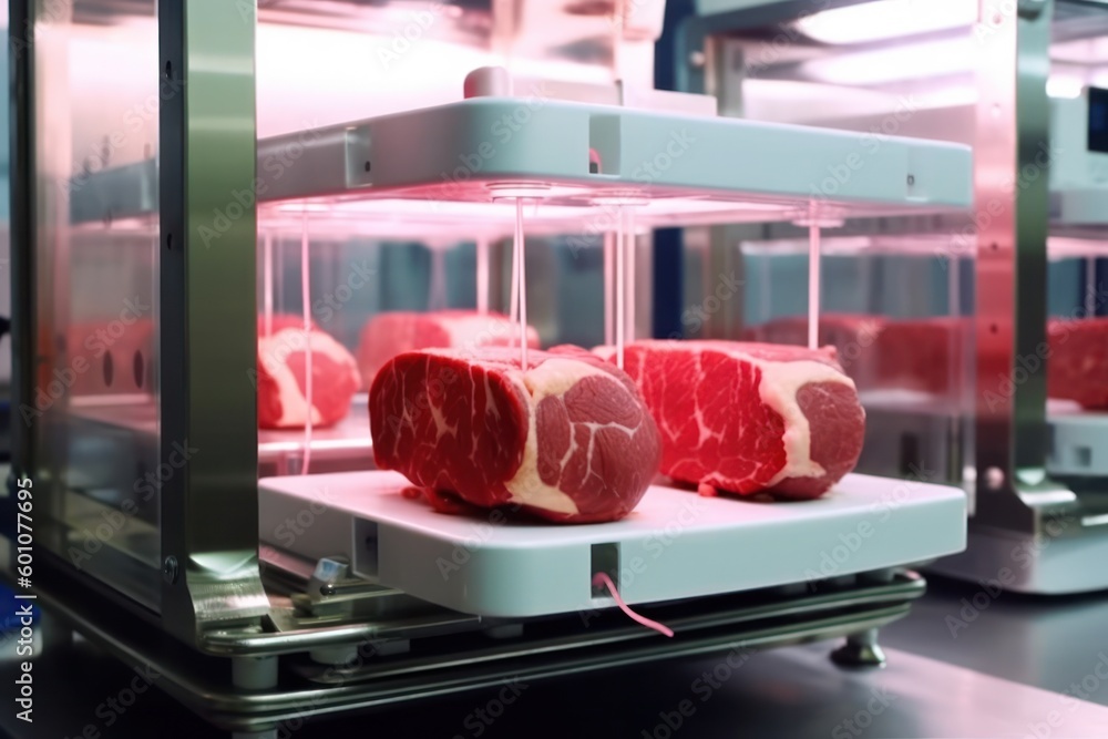 Poster artificial lab-grown meat saving in transparent container with illumination