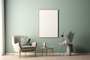 Blank portrait photo with wooden frame hanging on green wall in living room