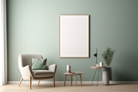 Blank portrait photo with wooden frame hanging on green wall in living room