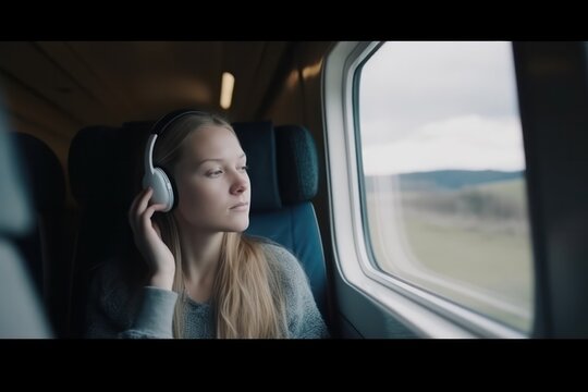 Young woman listening to music in headphones while traveling by bus
