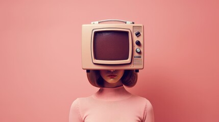 Portrait of a woman with a pink retro TV as her head