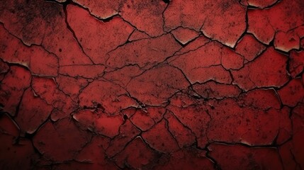 Abstract red grunge background. Dark red banner with old rough cracked asphalt texture. Generative AI.