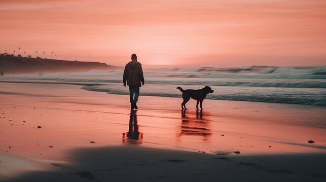 Walking the dog during sunset on the beach