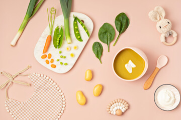Baby puree recipe made of fresh vegetables. First baby solid food recipe idea. Top view,  flat lay
