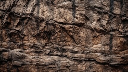 Dark brown stone background. Mountain texture. Close-up. Abstract grunge background. Rock formation texture. Rocky surface backdrop. Generative AI。