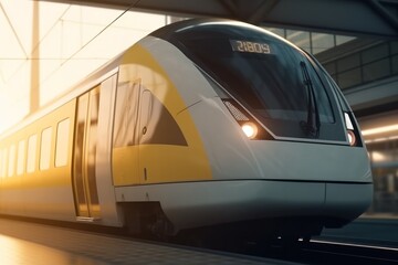 High-speed train with bright headlights arriving at railway station at sunset