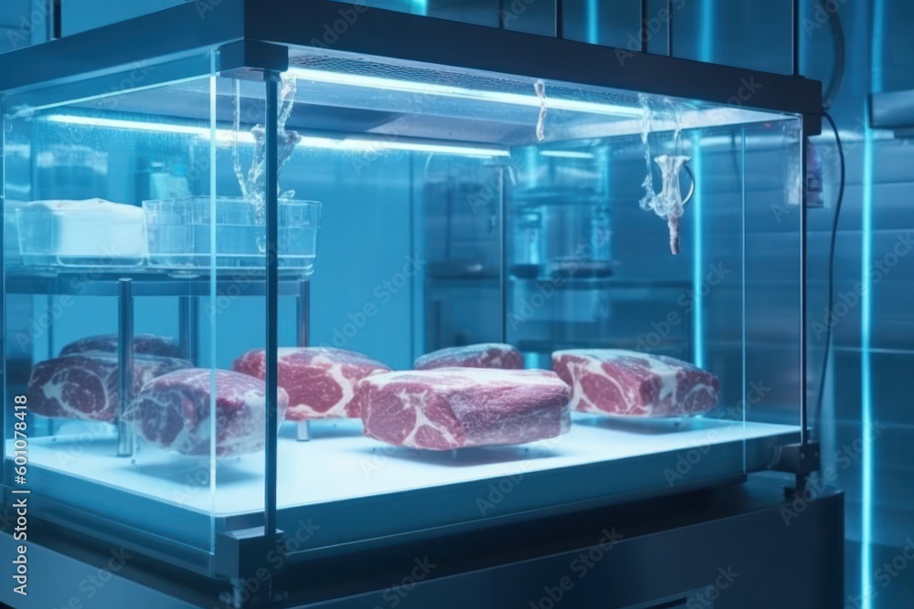 Poster raw lab-grown meat pieces saving in transparent container with light illumination