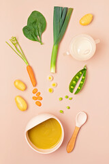 Baby puree recipe made of fresh vegetables. First baby solid food recipe idea. Top view,  flat lay