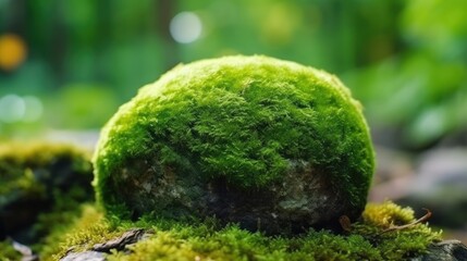 A stone covered with green moss in the forest. Wildlife landscape. Generative AI.