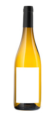 A bottle of white wine isolated on a white background, high quality and resolution. A bottle of white wine with a white label with a place for a logo or inscription
