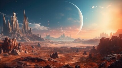 3D rendering of alien planet mountain