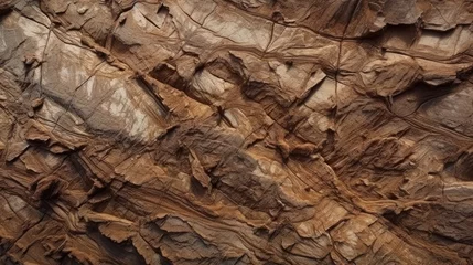 Zelfklevend Fotobehang Brown rock texture with cracks. Rough mountain surface. Close-up. Stone background for design. Generative AI. © hugo
