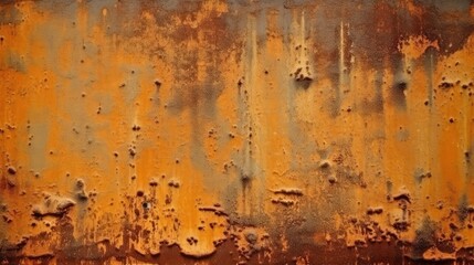 Rust background. Rusty texture. Old metal wall surface. Orange brown grunge background. Wide grunge banner with copy space. Generative AI.
