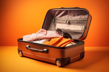 Packed suitcase with personal belongings ready for summer vacation on seaside