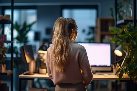 Excited asian people back view in the office standing. AI generative