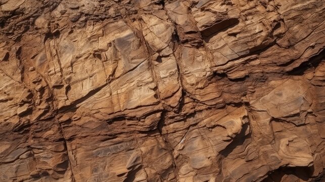 Brown rock texture with cracks. Rough mountain surface. Close-up. Stone background for design. Generative AI.